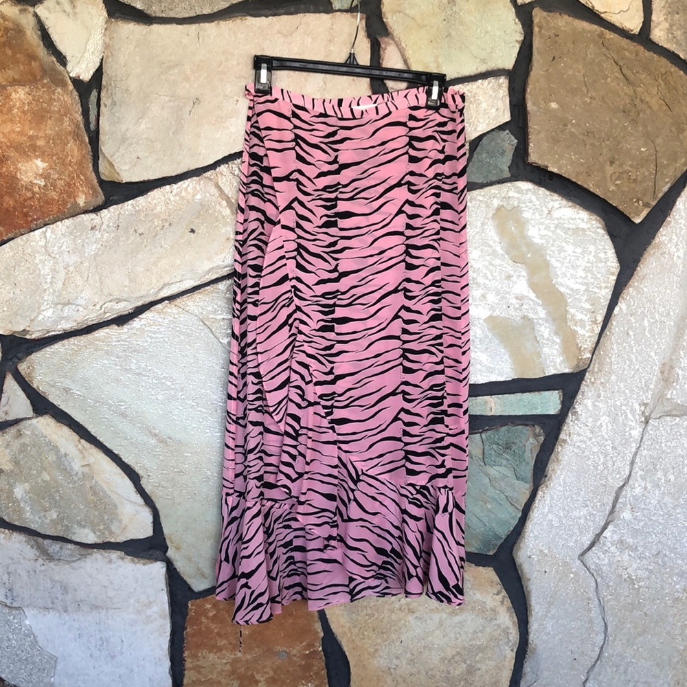Rixo Gracie wrap skirt. Zebra print crepe de chine silk wrap skirt. Size S